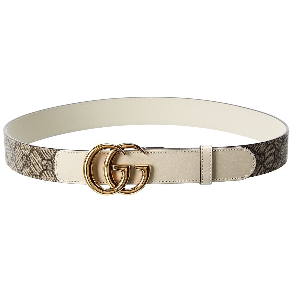 Gucci Cream Leather and GG Canvas Belt with Gold Double G Buckle